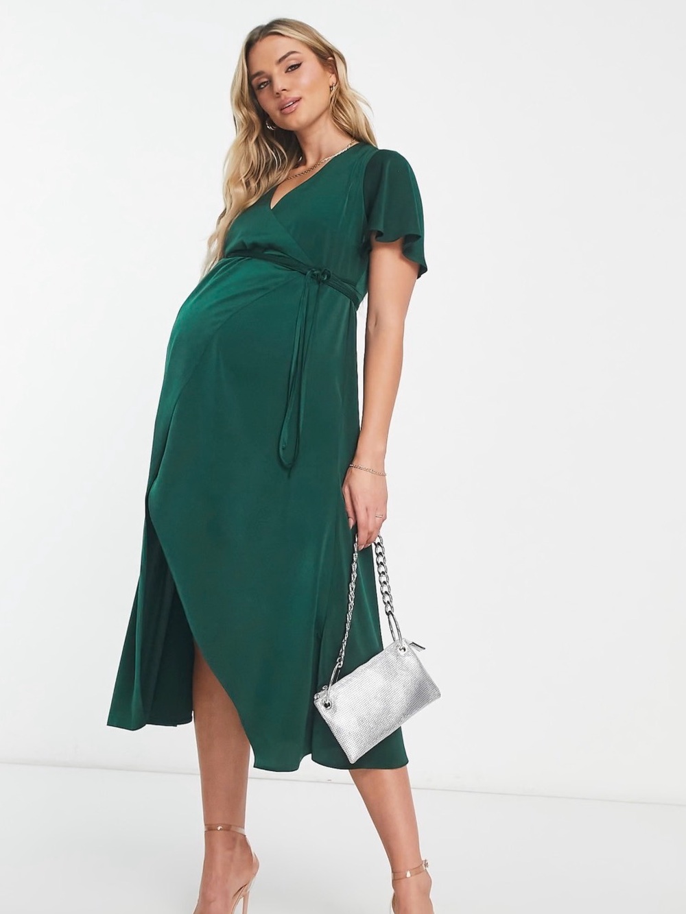 ASOS Design Maternity Bias Cut Satin Wrap Dress in Dark Green
